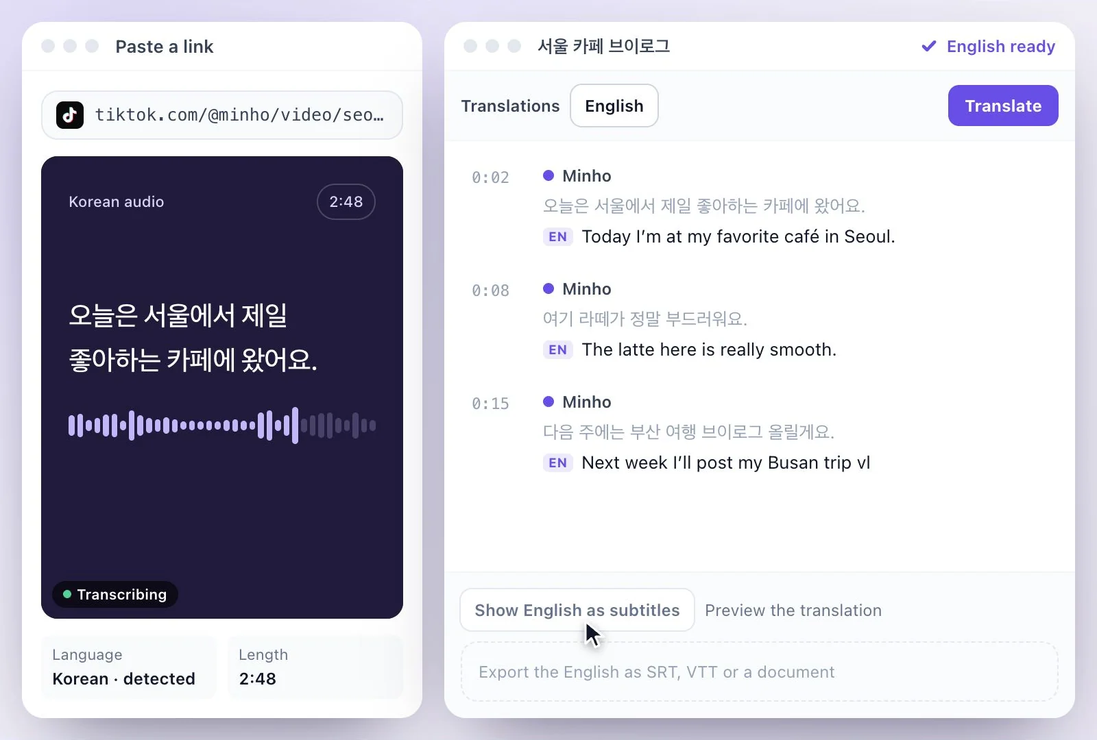 The Korean transcript with an English translation under each line