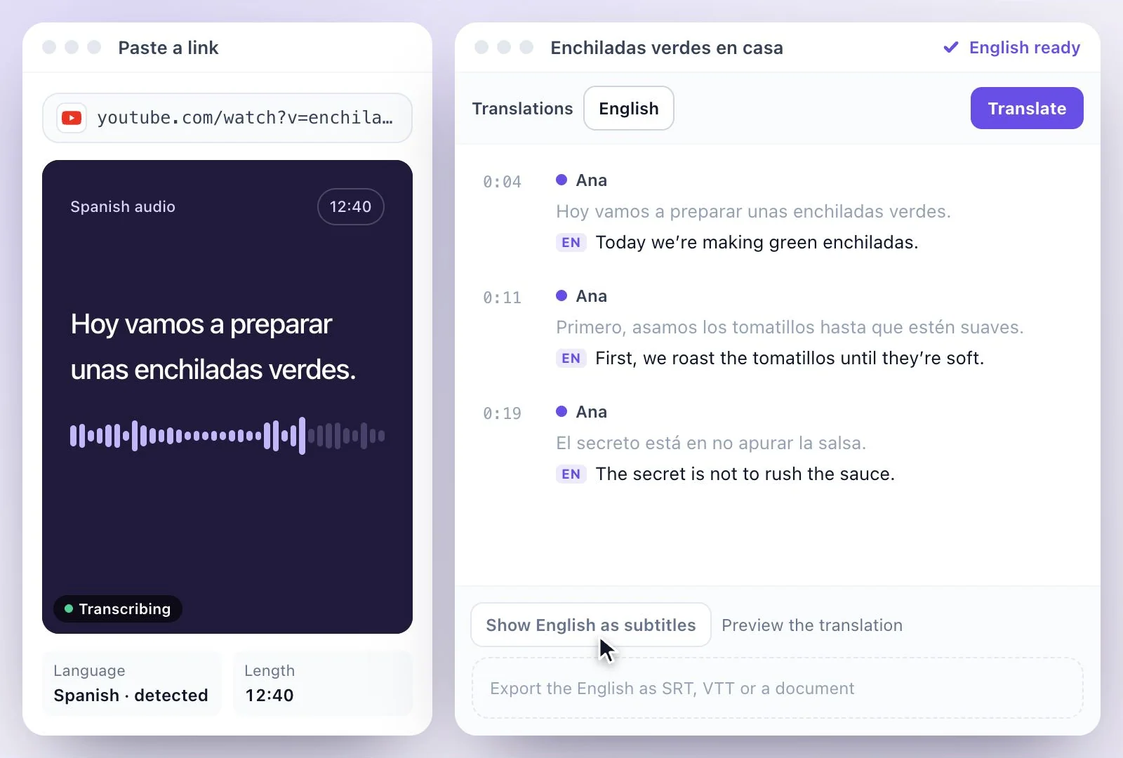 The Spanish transcript with an English translation under each line