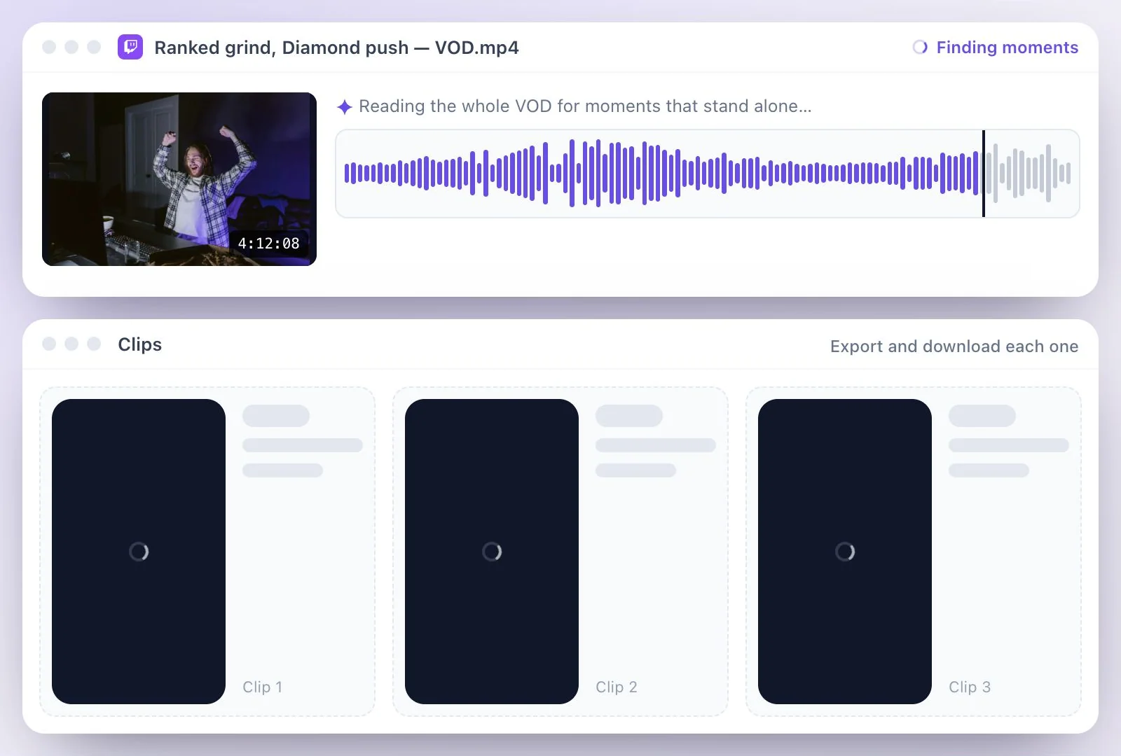 A downloaded Twitch VOD file uploading to AI Clips