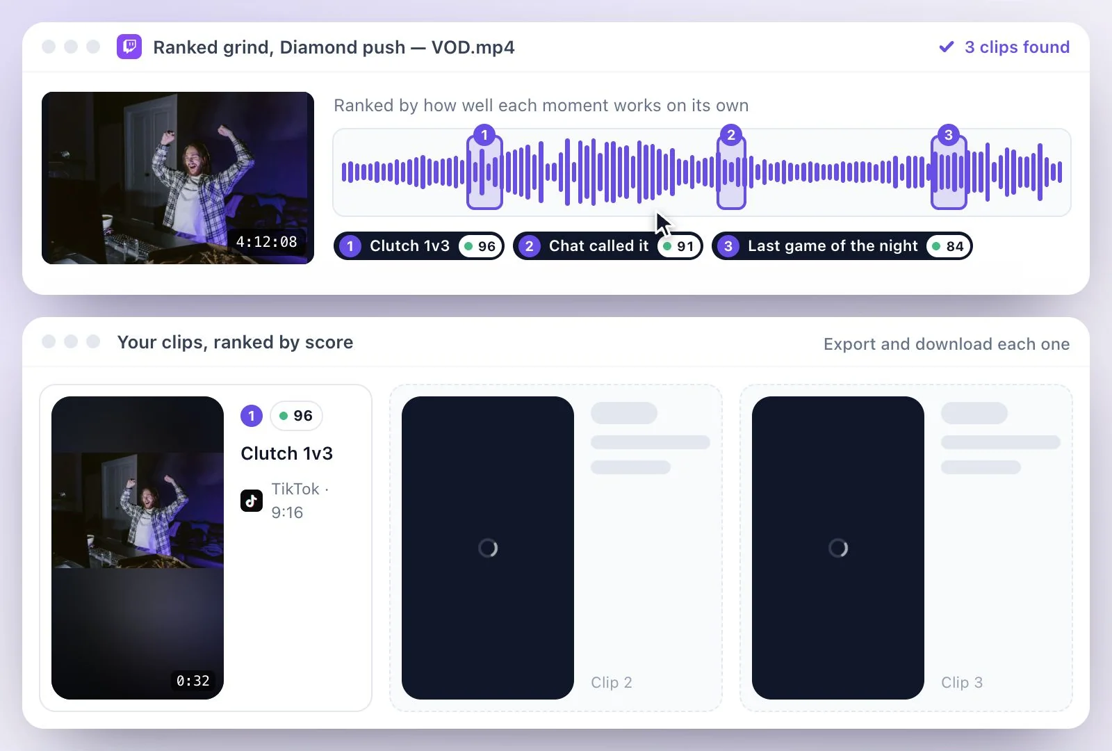 Vertical clips from a Twitch stream, each with a virality score