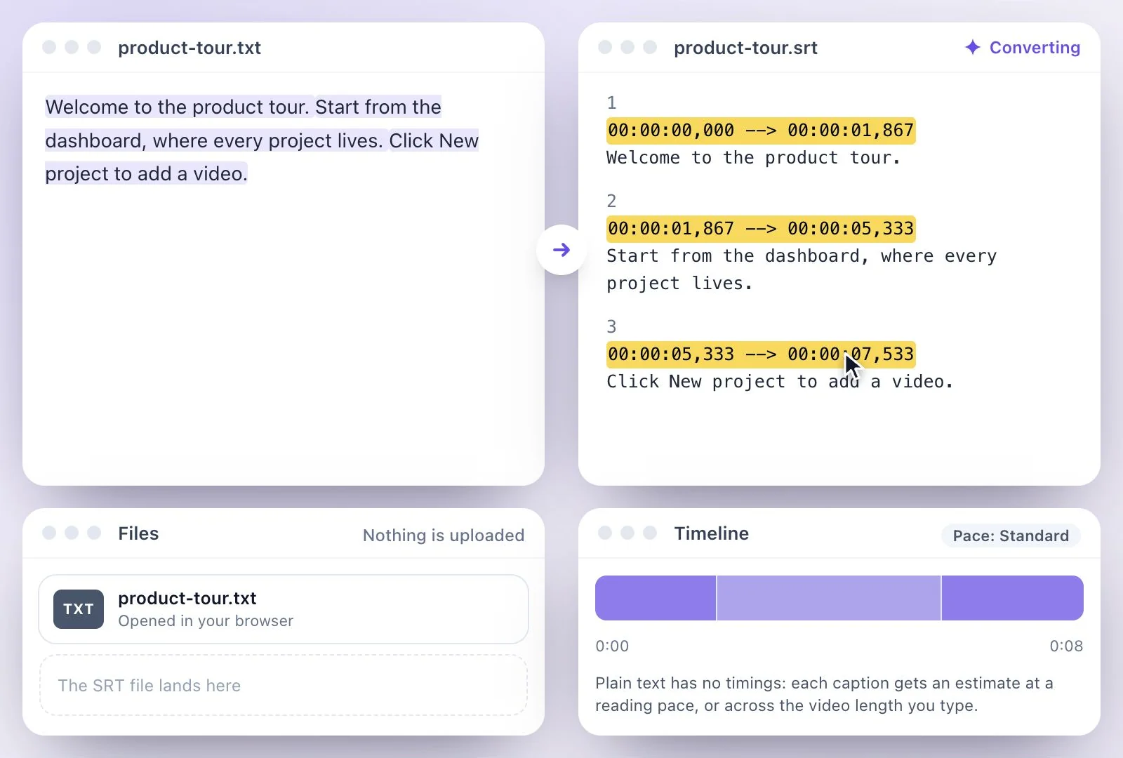 Sentences turned into numbered SRT captions with times, and a timeline strip