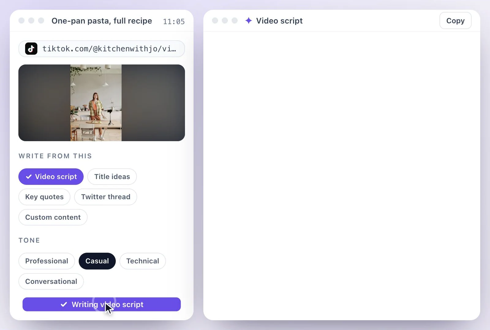 A cooking video added by its TikTok link, with Video script selected