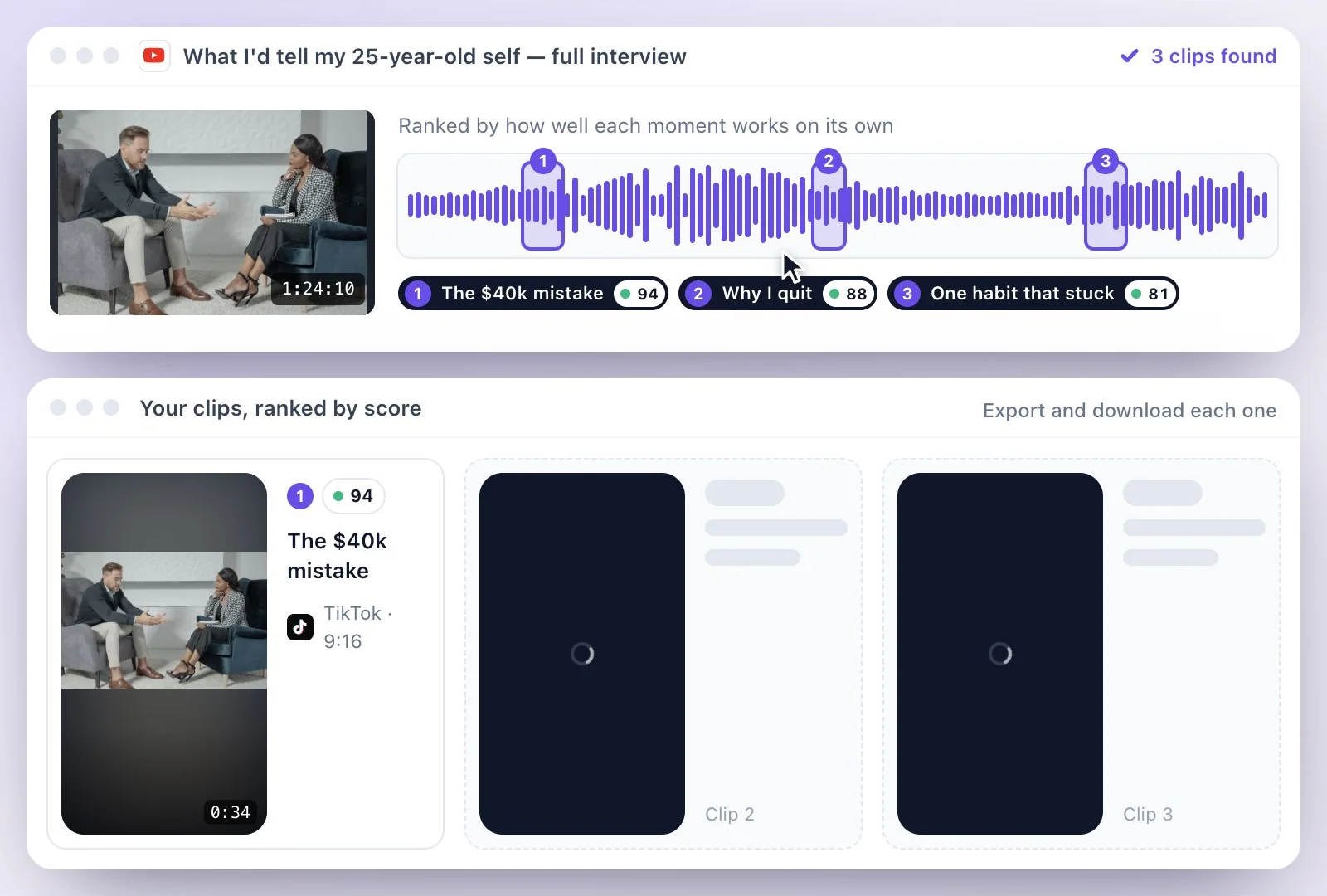 Moments marked along a long video, each with a score out of 100