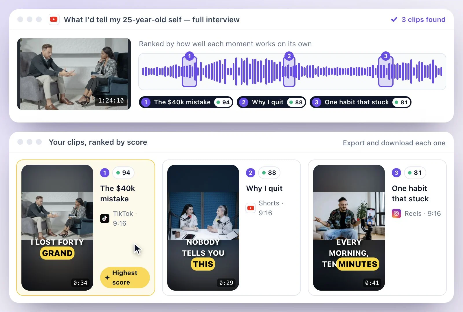 Vertical clips sorted by score, with captions