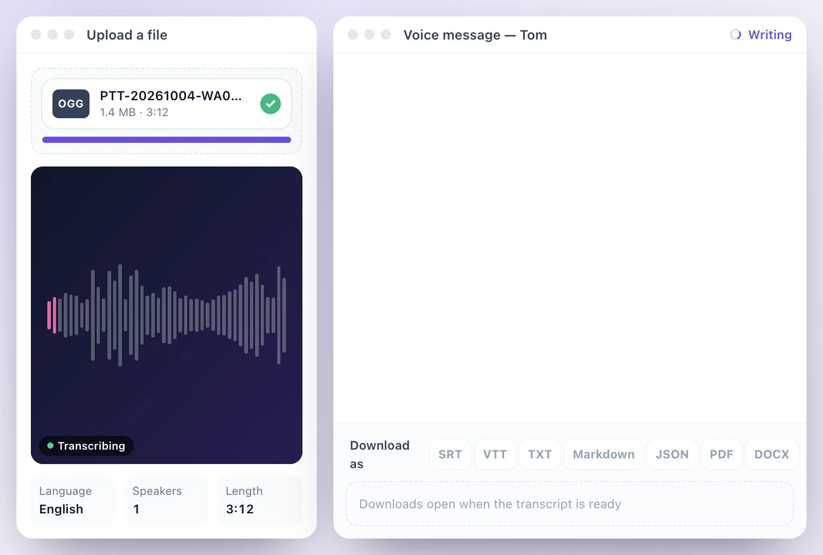 A WhatsApp voice note saved as an Ogg file and uploading to Exemplary AI