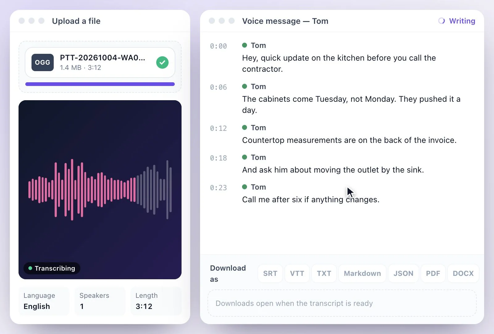 The voice message transcript appearing line by line