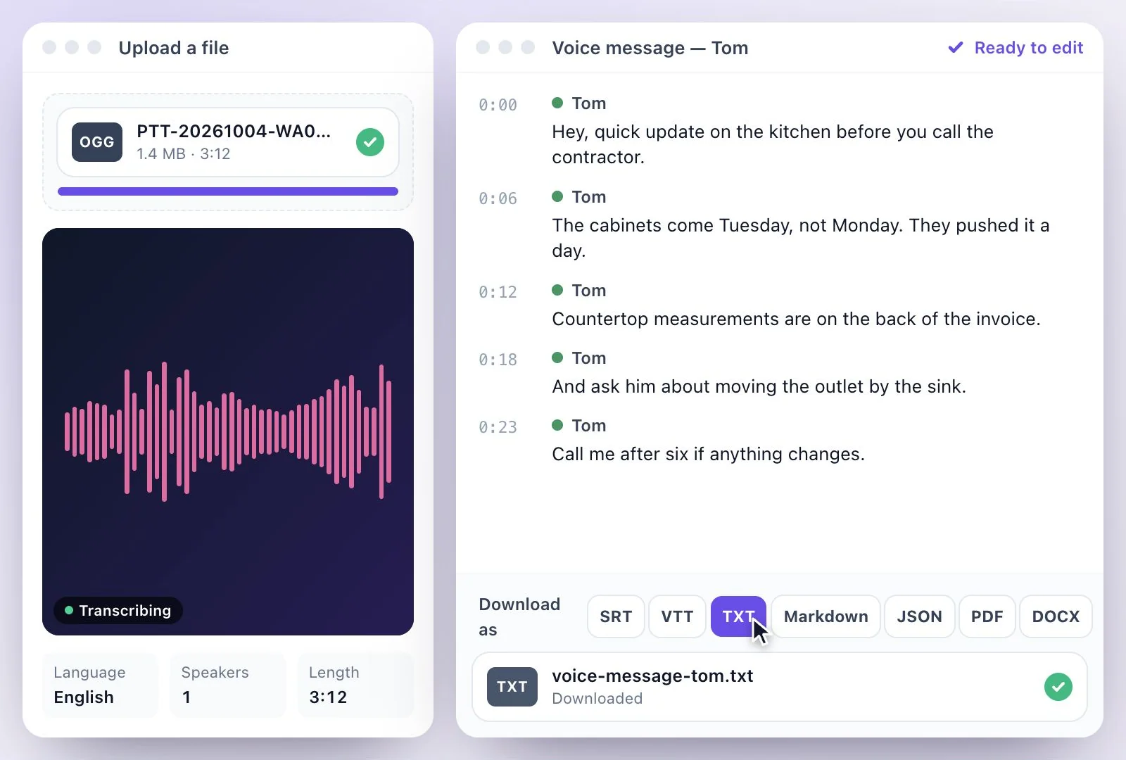 The voice message transcript downloaded as a text file