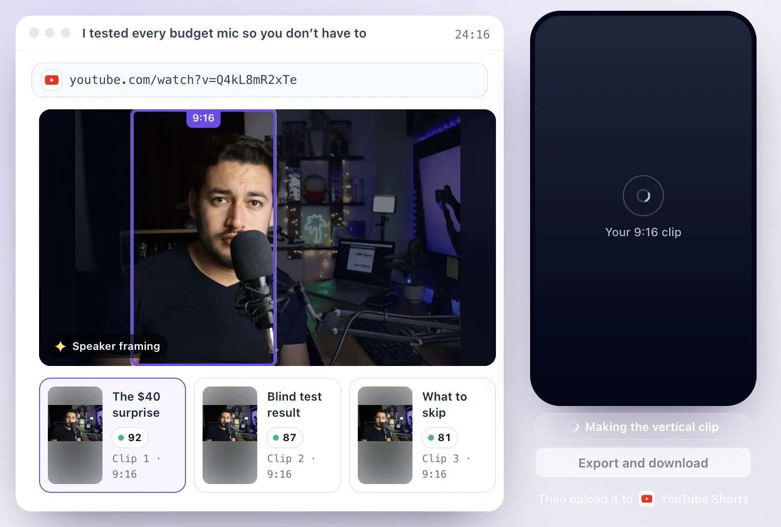 Vertical Shorts cut from one YouTube video, each labeled with a virality score