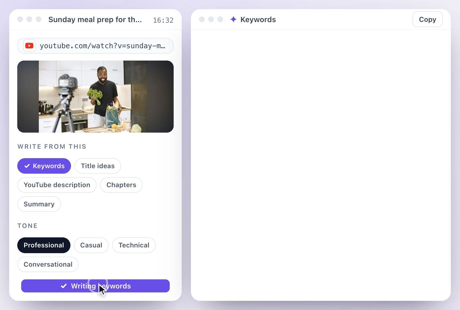 A YouTube video link pasted into Exemplary AI, with Keywords selected