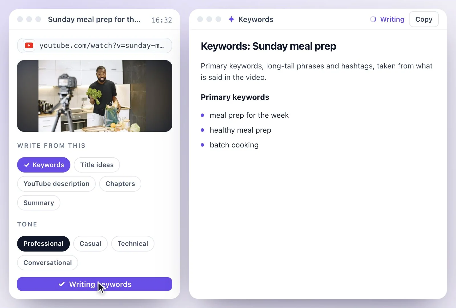 A Keywords document listing primary keywords from a cooking video