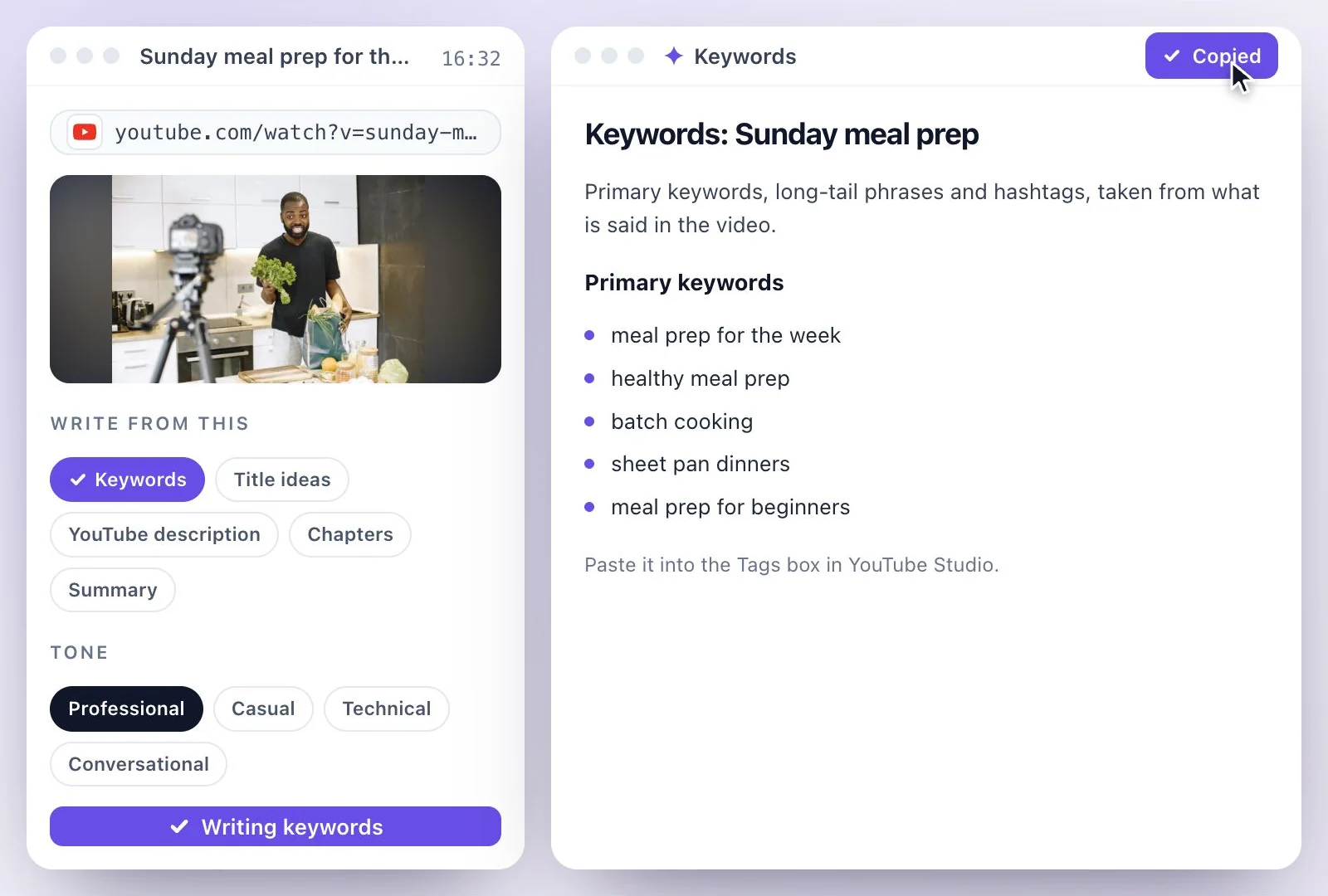 The keywords copied, ready to paste into the Tags box in YouTube Studio