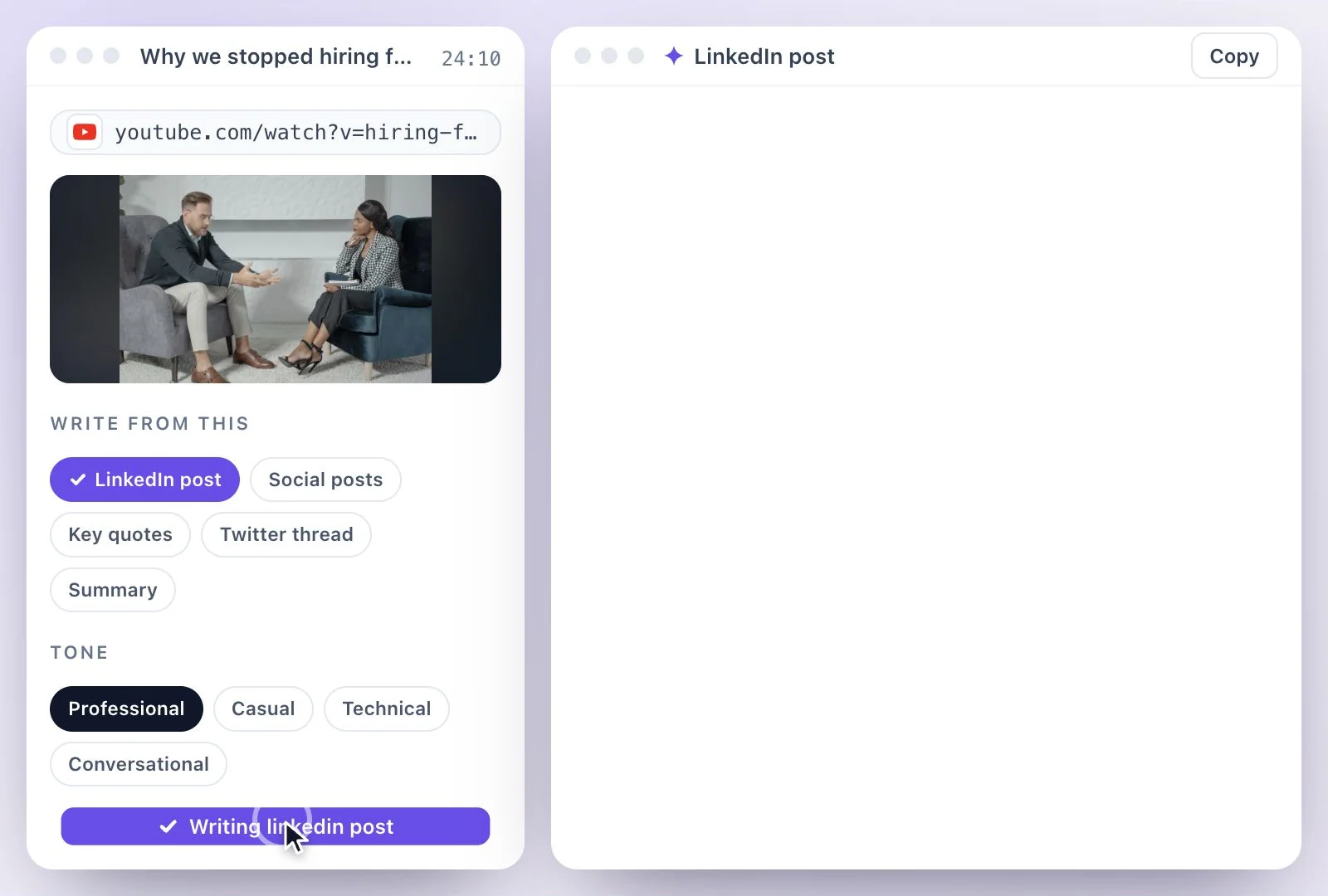 A YouTube talk added by its link, with LinkedIn post selected