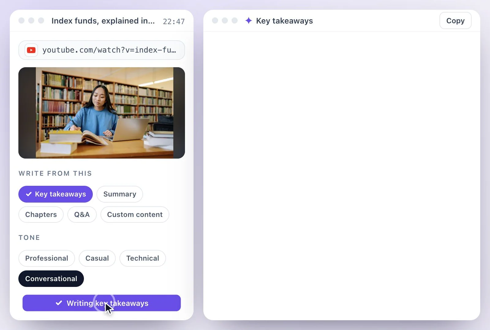 A YouTube video link pasted into Exemplary AI
