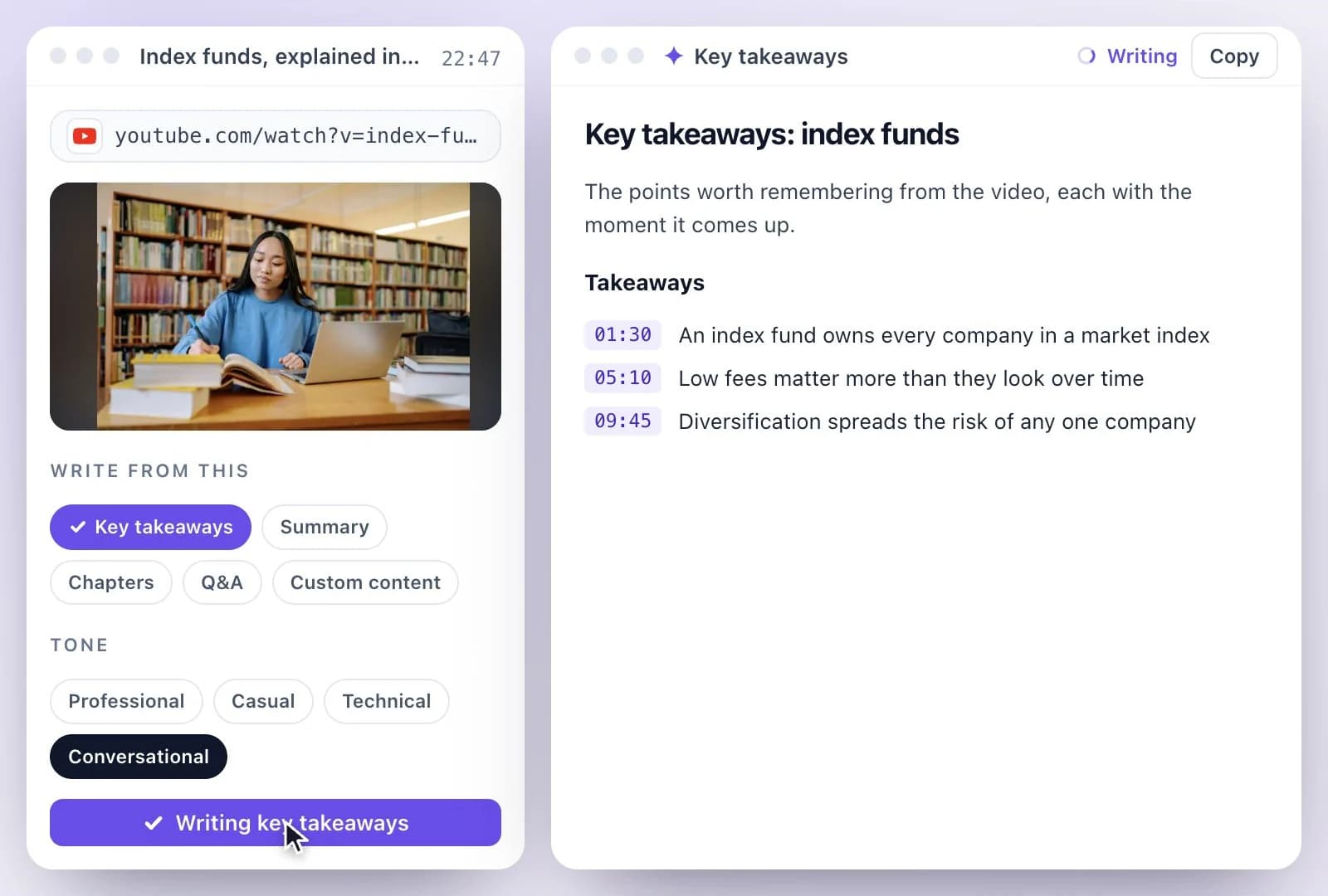 AI Writer with Key takeaways selected for a YouTube video