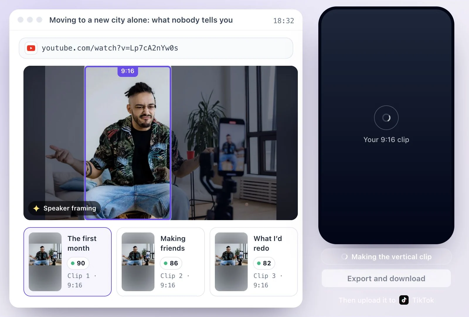 Vertical clips for TikTok cut from one YouTube video