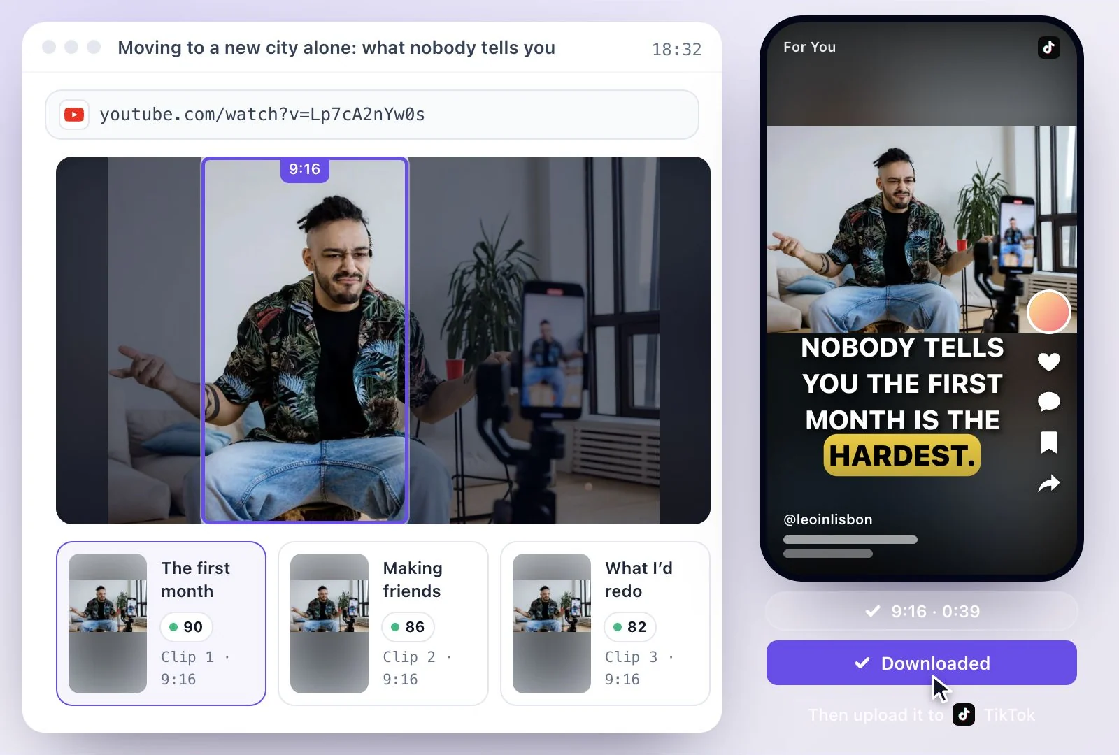 A captioned 9:16 clip downloading for TikTok