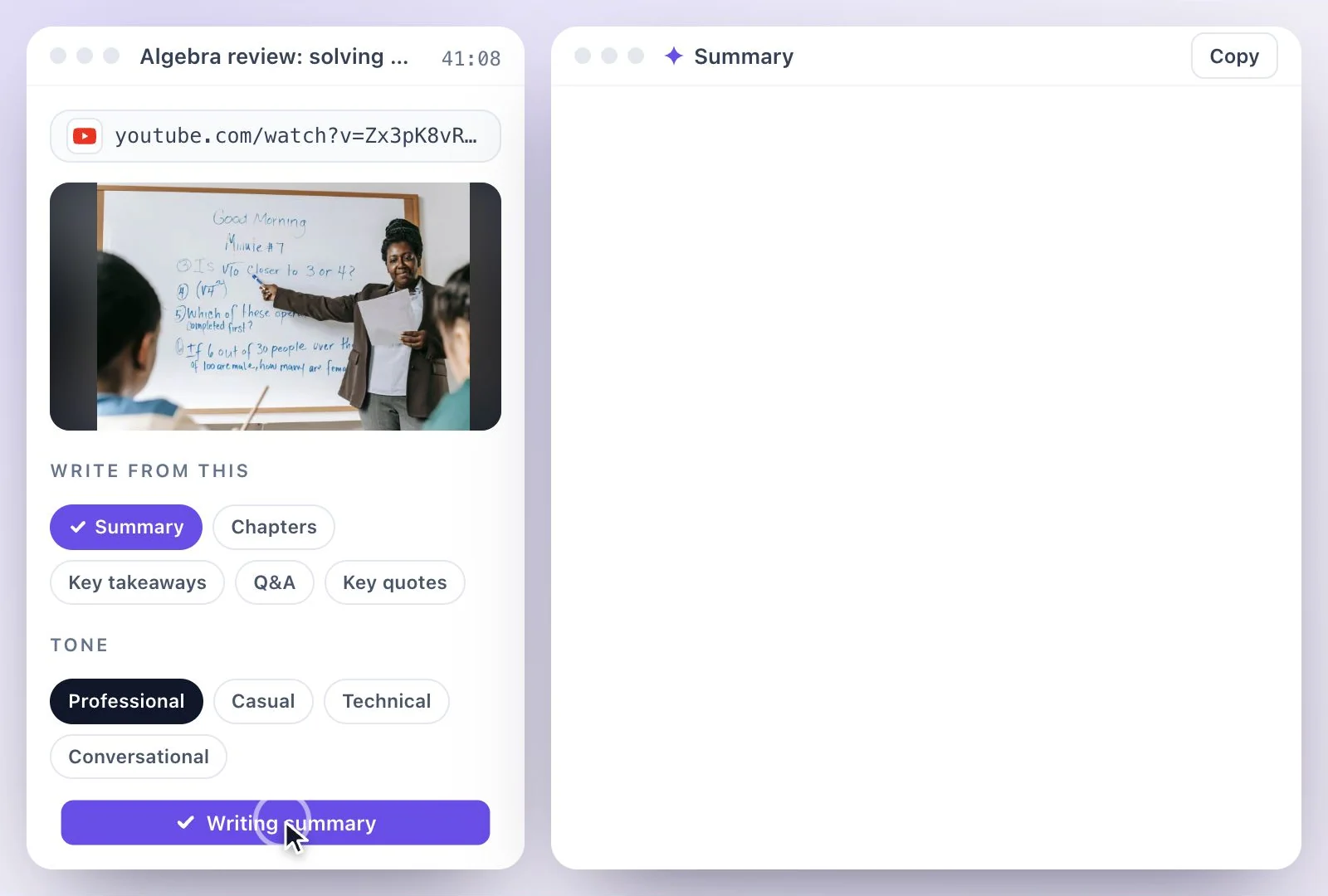 A YouTube video link pasted into Exemplary AI with the spoken language selected