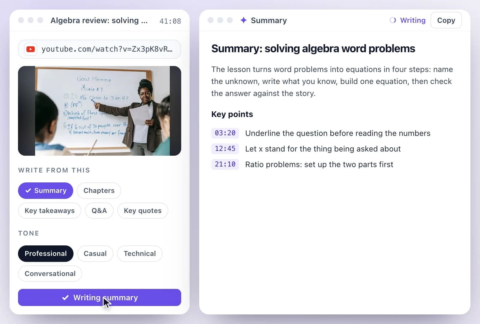 The written content options in Exemplary AI with Summary, Chapters and Key takeaways selected