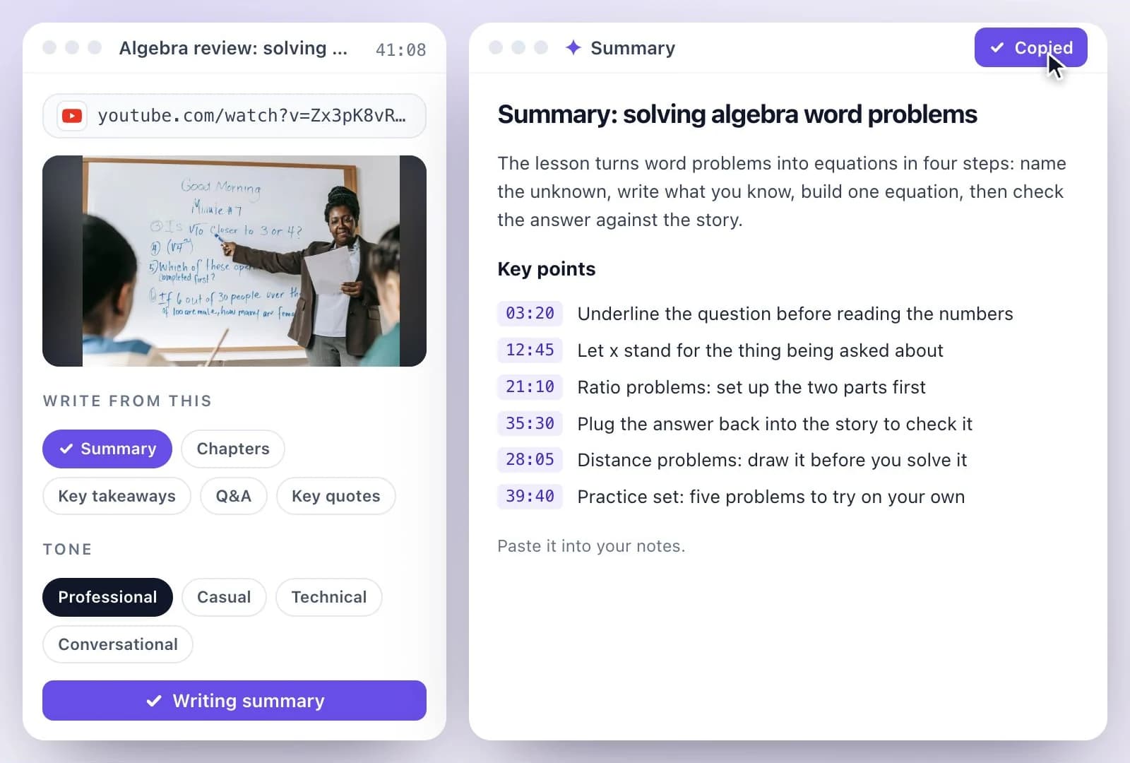 A YouTube video summary with key points open as a document in Exemplary AI