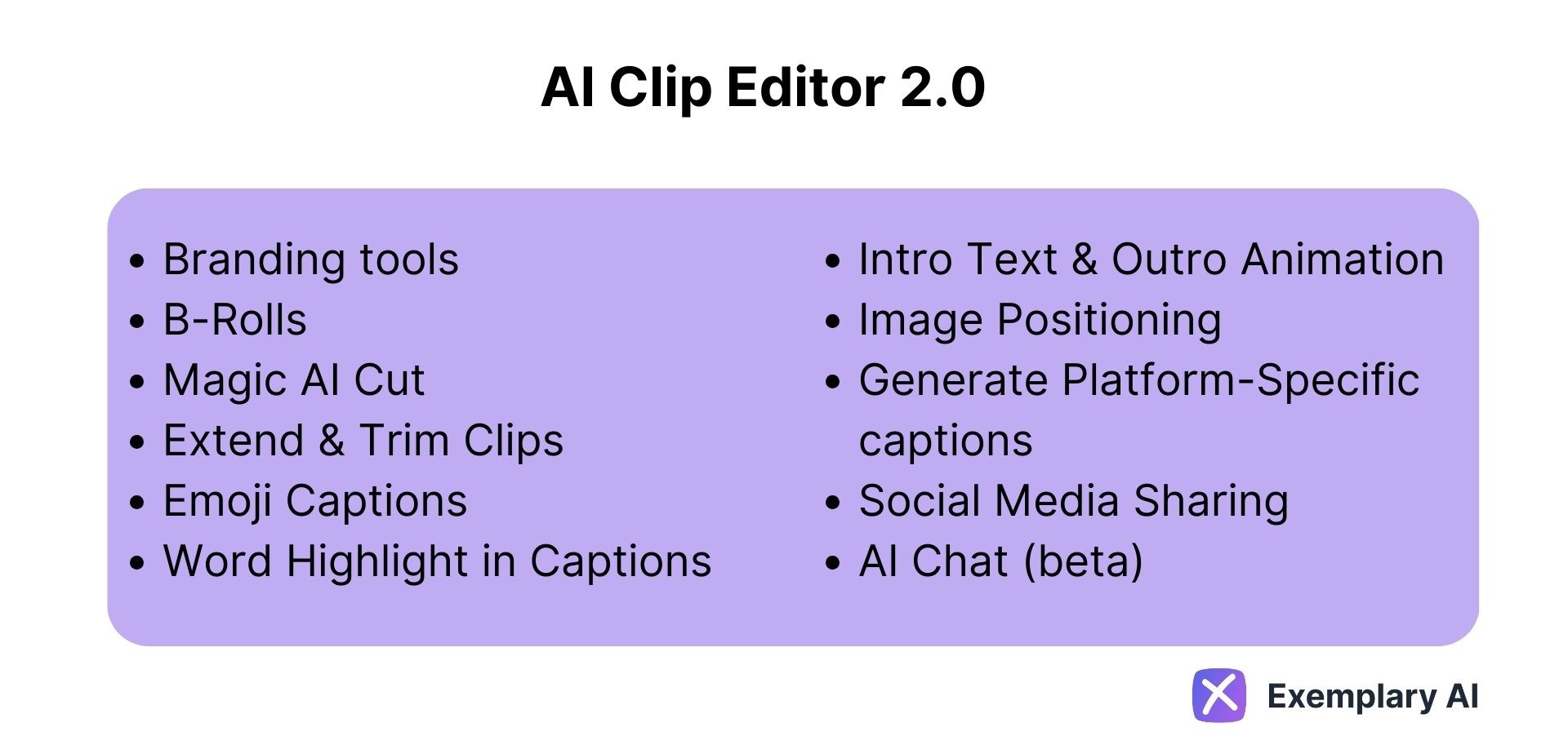 AI Clip Editor 2.0: Branding tools, B-Rolls, Magic AI Cut, Extend & Trim Clips, Emoji Captions, Word Highlight in Captions, Intro Text & Outro Animation, Image Positioning, Generate Platform-Specific captions, Social Media Sharing, AI Chat (beta)